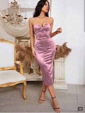 FRIENDS Strapless Satin Midi Dress in Rose Pink